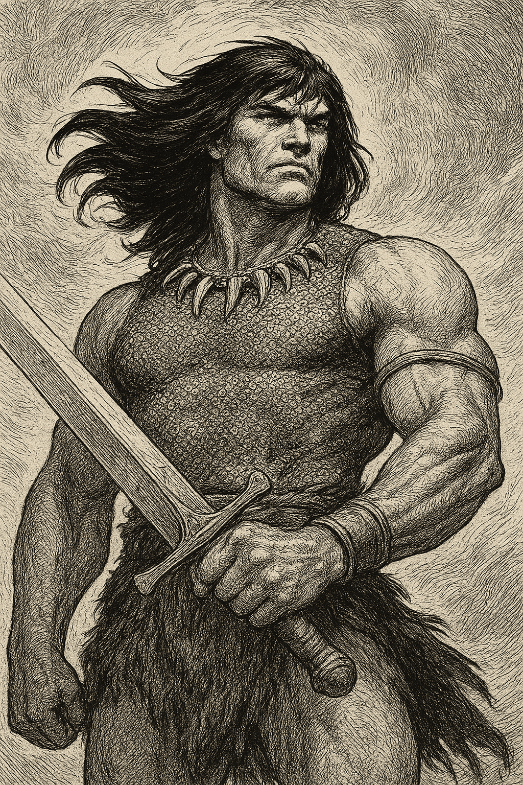 AI generated: Conan le Barbare, vu en légère contreplongée. Il est vêtu d’un pagne de fourrure et d’une cote de ma...