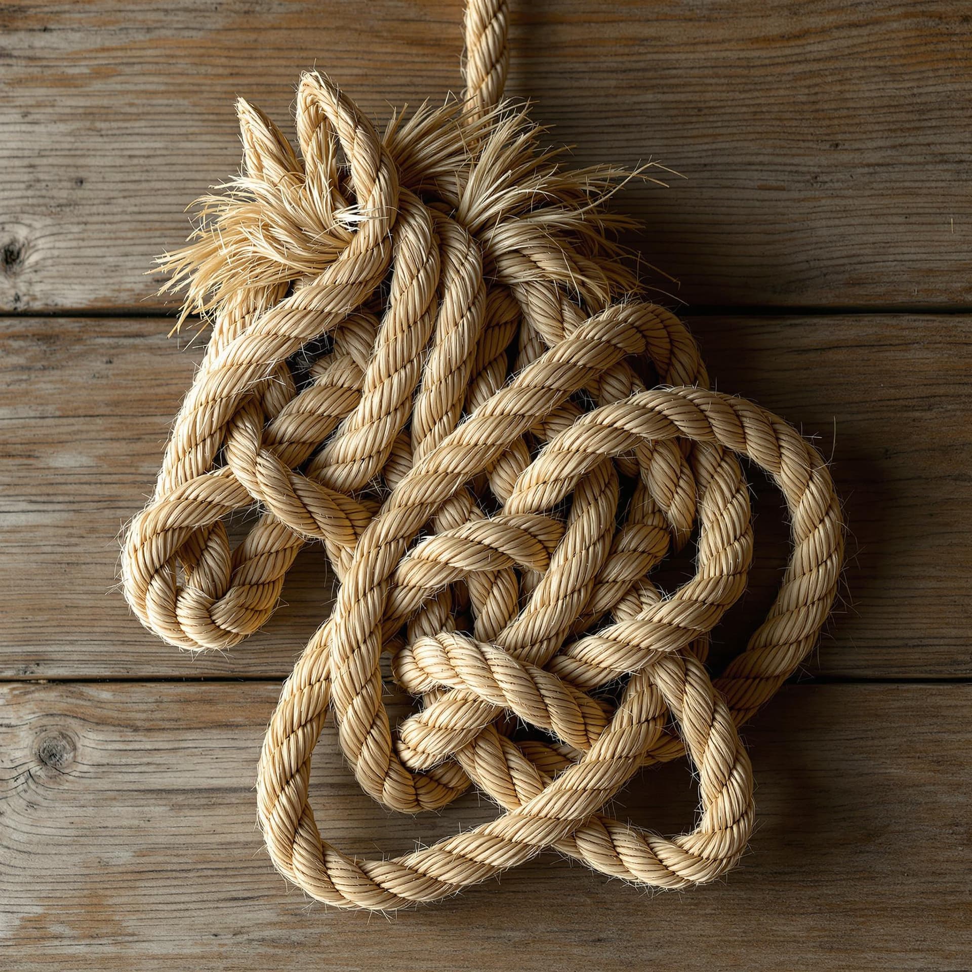 AI generated: A meticulously crafted nautical knot intricately shaped like a horse, made from thick, textured rope...