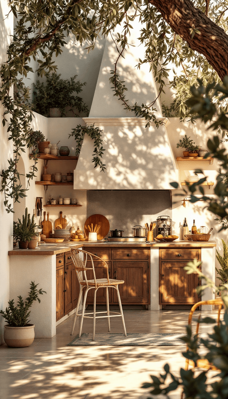 AI generated: photo of a gorgeous sunlit outdoor kitchen in Ibiza style, Spanish finca, Ibiza, big olive tree, sum...