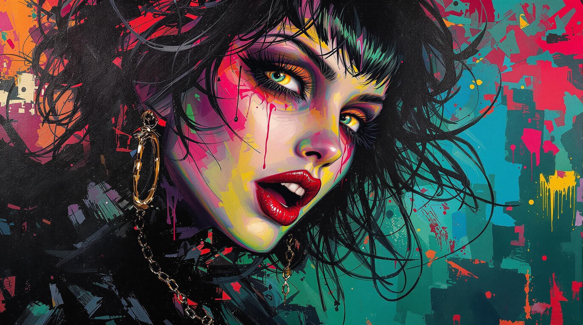 AI generated:    A lively and energetic oil painting in bright, vibrant colors showing  a gothic 
 woman   The sty...