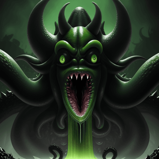 AI generated:  high quality foto of a green black hell monster, moster with grimaces and big very long teeth, long...