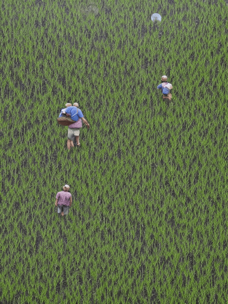 AI generated: Old farmer, carrying flat load, walking along winding path, countryside, big moon, Jupiter reflected...
