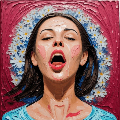 AI generated: woman's face, mouth opened wide, flowers coming out of mouth, pallet knife painted, thick textured