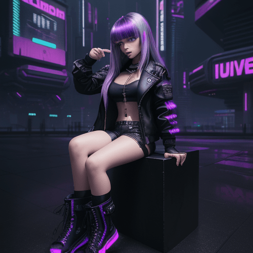 AI generated: 1girl, bangs, black footwear, black jacket, boots, breasts, cyberpunk, English text, fake screenshot...