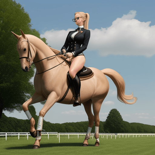 AI generated: a blonde dominatrix with ponytail and glasses in equestrian attire wearing high heel carry a crop ri...