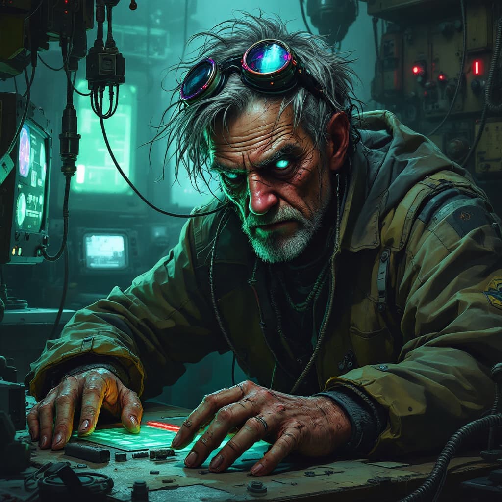 AI generated: Cyberpunk. A wiry middle-aged man with wild graying hair and a mismatched cybernetic eye, cluttered ...