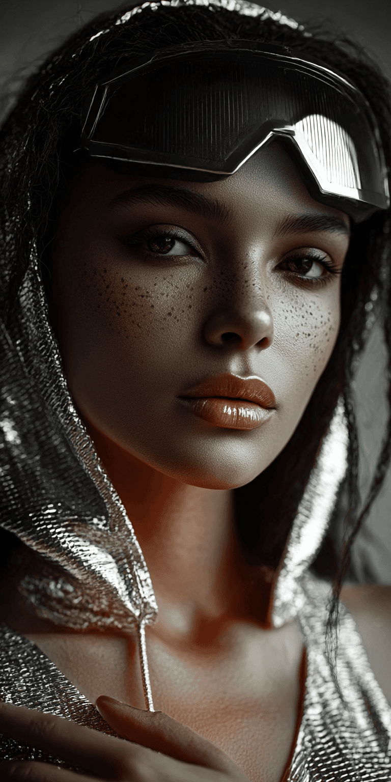 AI generated: futuristic fashion portrait of a model in silver metallic techwear hoodie and reflective ski goggles...
