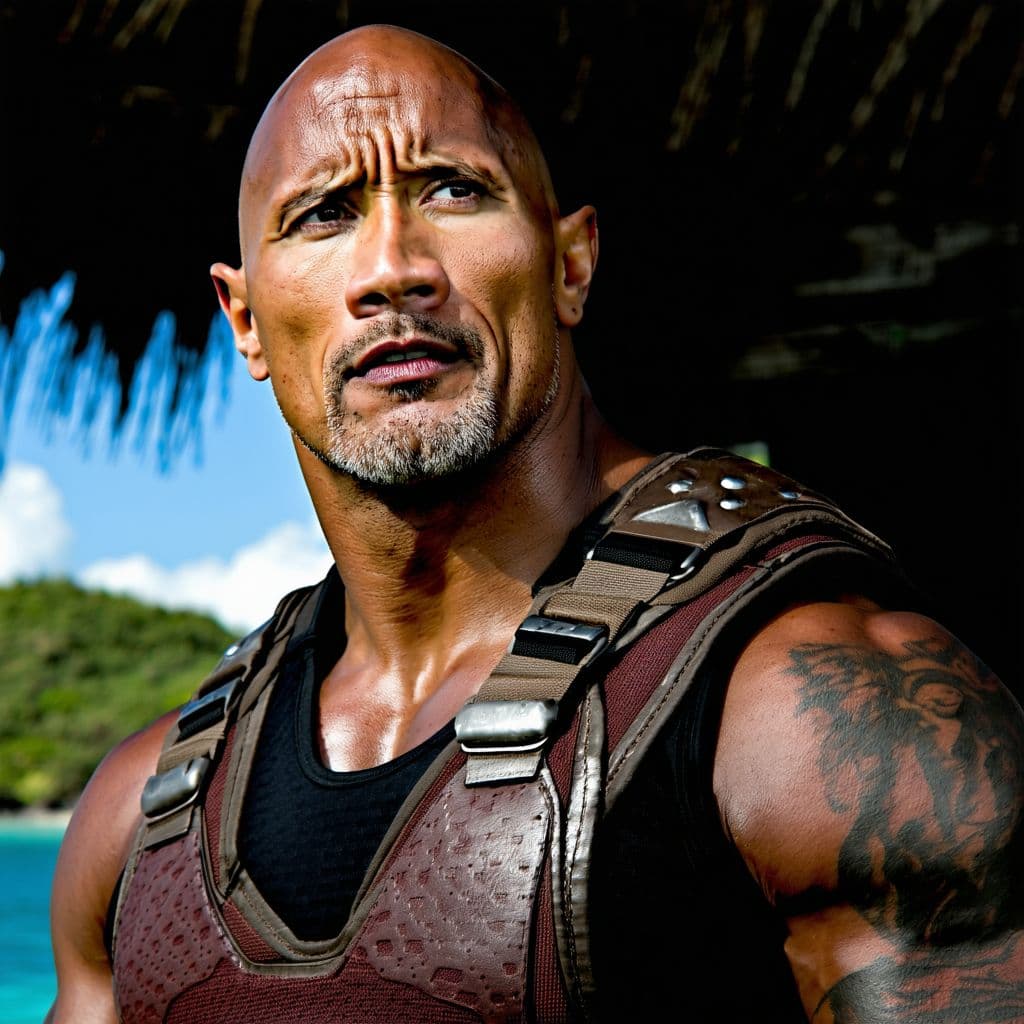 AI generated: dwayne johnson shipwrecked, alone, lonely, fearful, masters, hellish, uncanny