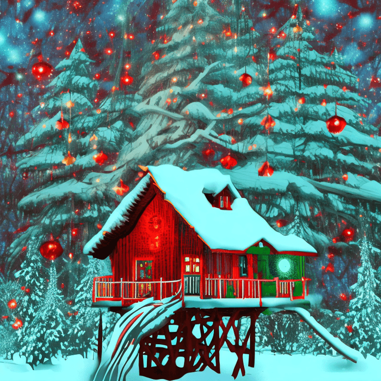 AI generated: A tree house, red filter, lots of snow, floating bright lights, Santa Claus flying next to a moon, m...