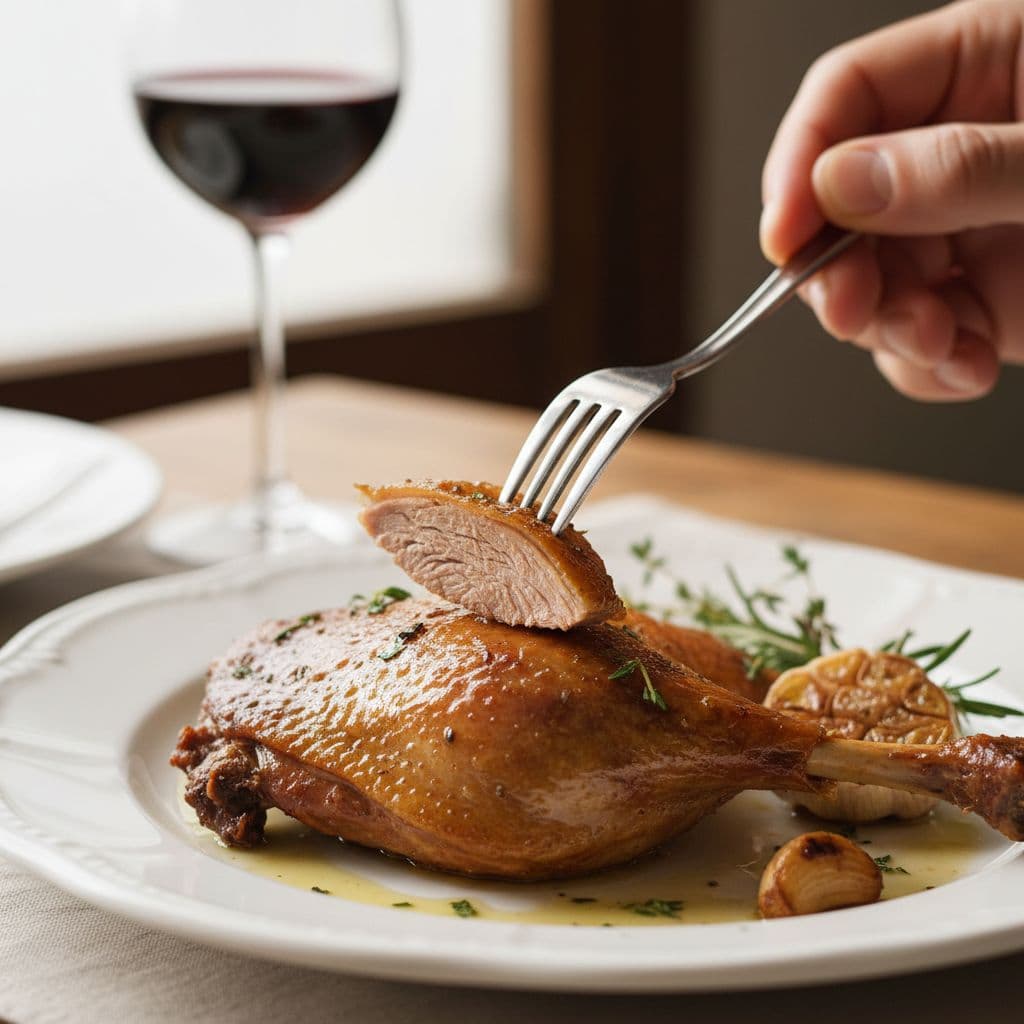 AI generated: Cut off a small piece of confit duck to taste.