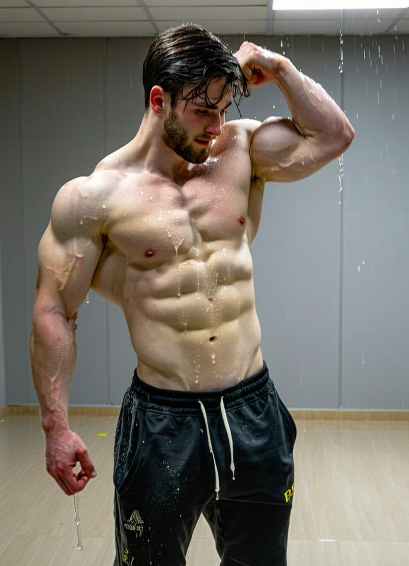 AI generated: Handsome muscular man full body flexing and sweaty