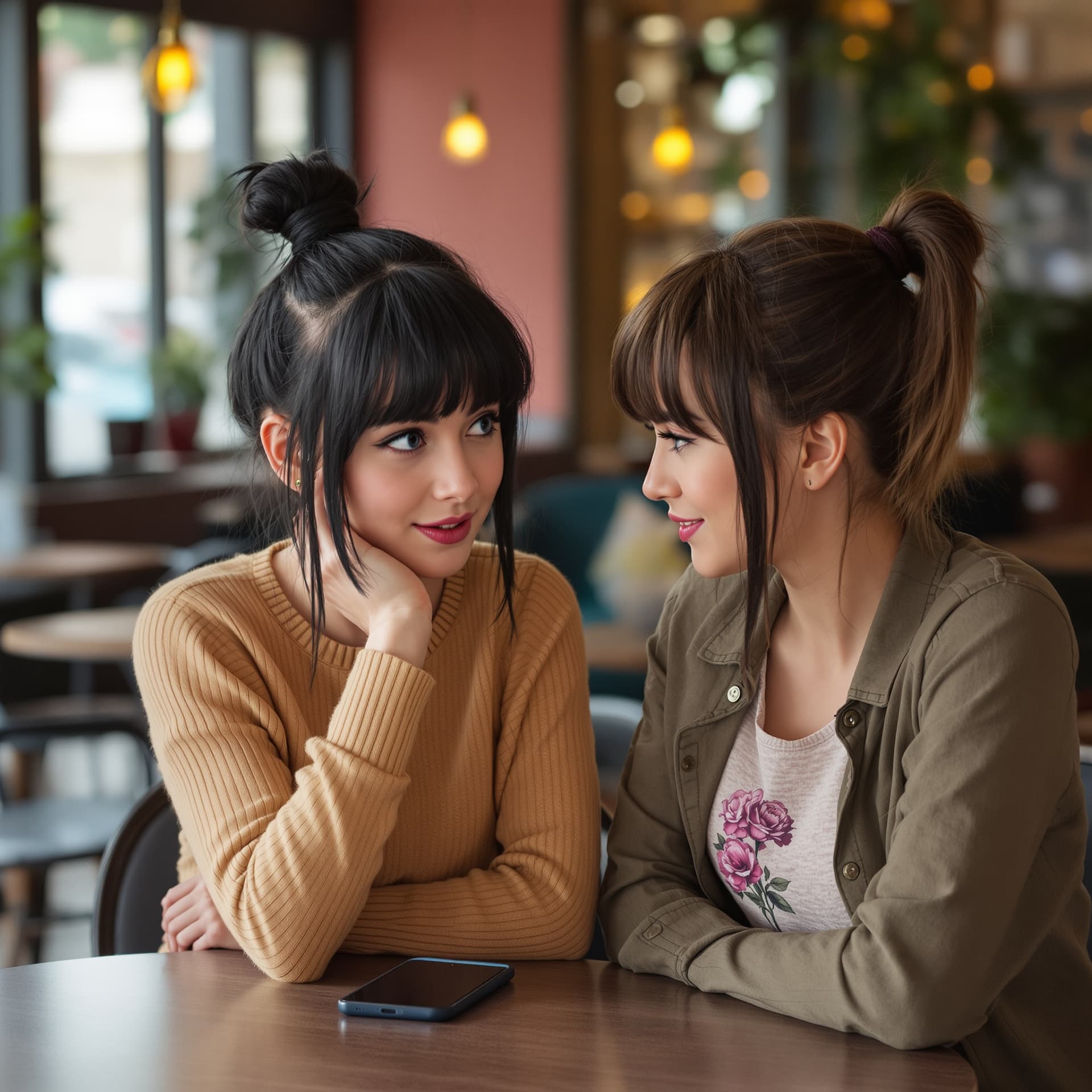 AI generated: two girls talking casually, one girl have a long black hair tied and blue eyes while the other has a...