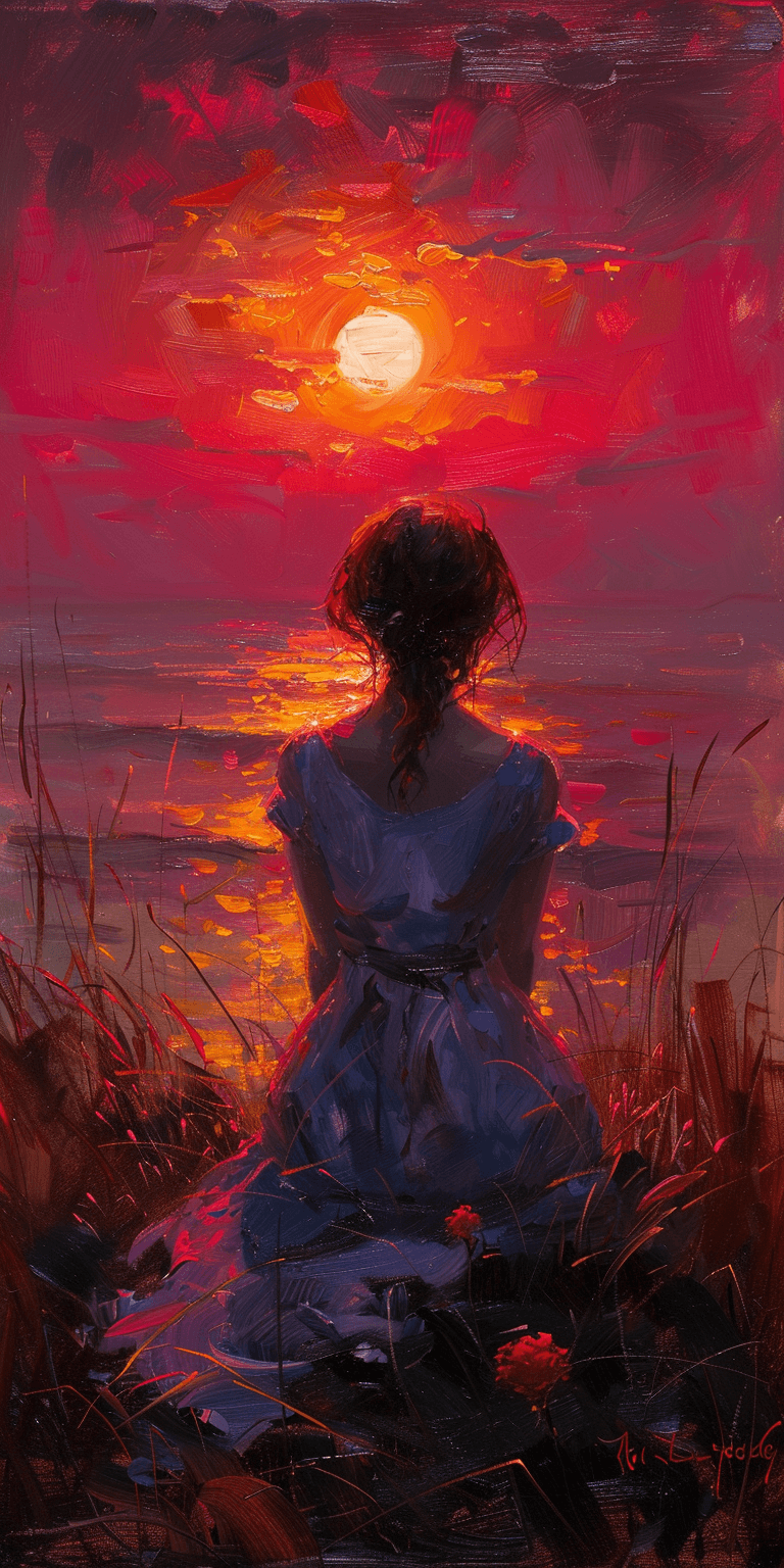 AI generated: Impressionist painting, woman at sunset, 25-30 year old, delicate features, in the style of Monet, d...