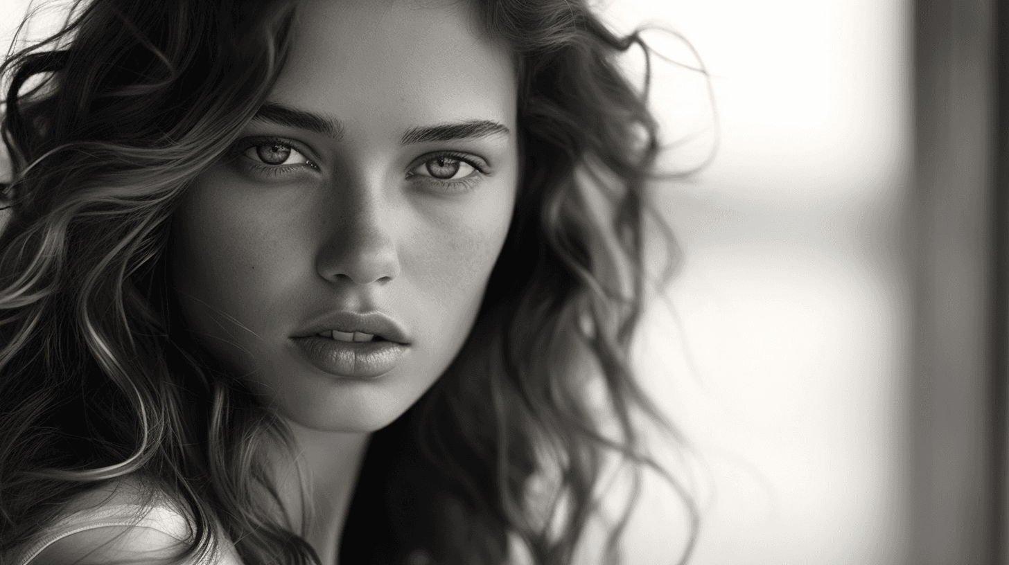 AI generated: a black and white photo of a beautiful young russian woman , wavy brown hair, sultry, sexy, facing c...