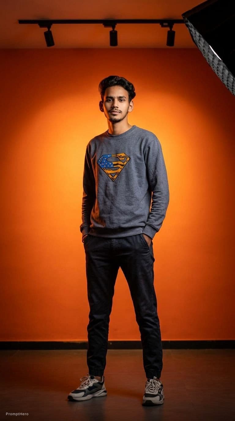 AI generated: editorial photography, male model, 50mm f/1.2 RF lens, f/2.8 set, 1/160s, iso 100, gradient neon ora...