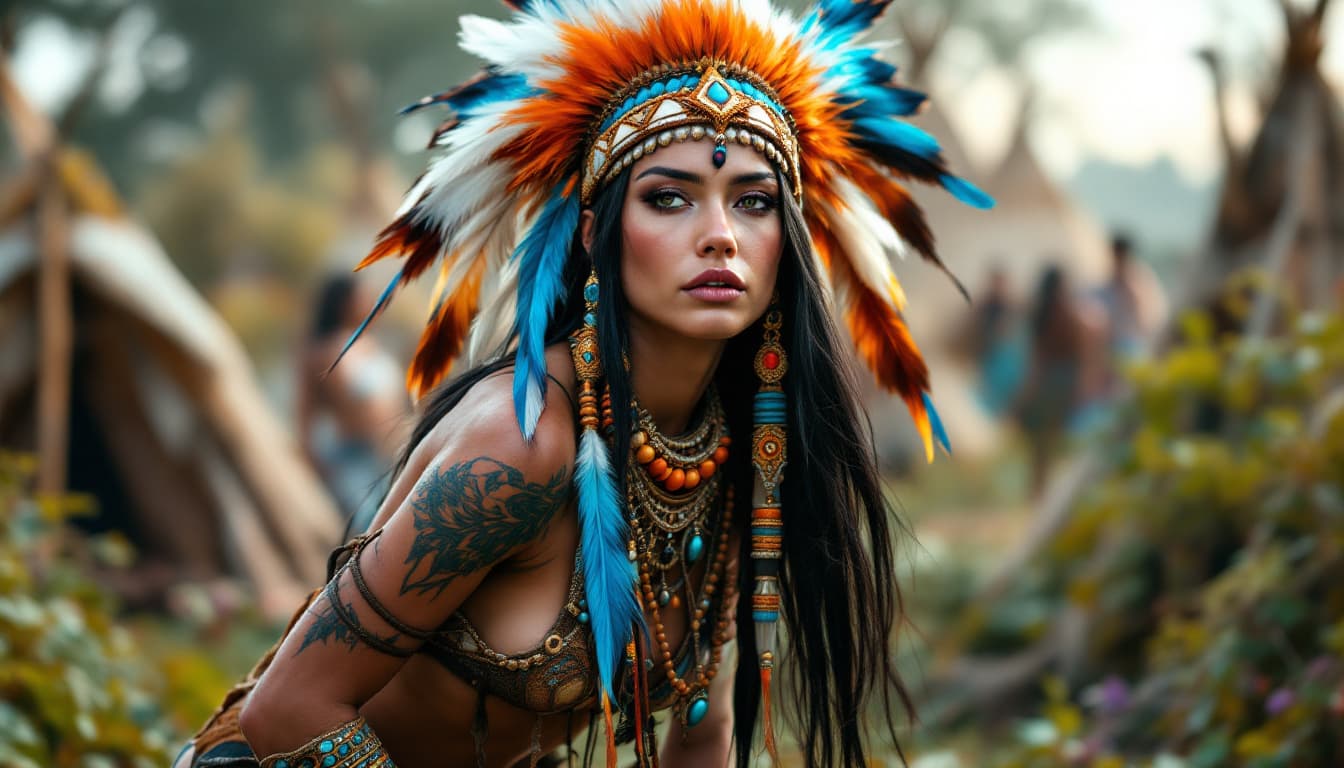 AI generated: A realistic, full body view of a gorgeous, Native American female that is around 25 years old. Her h...