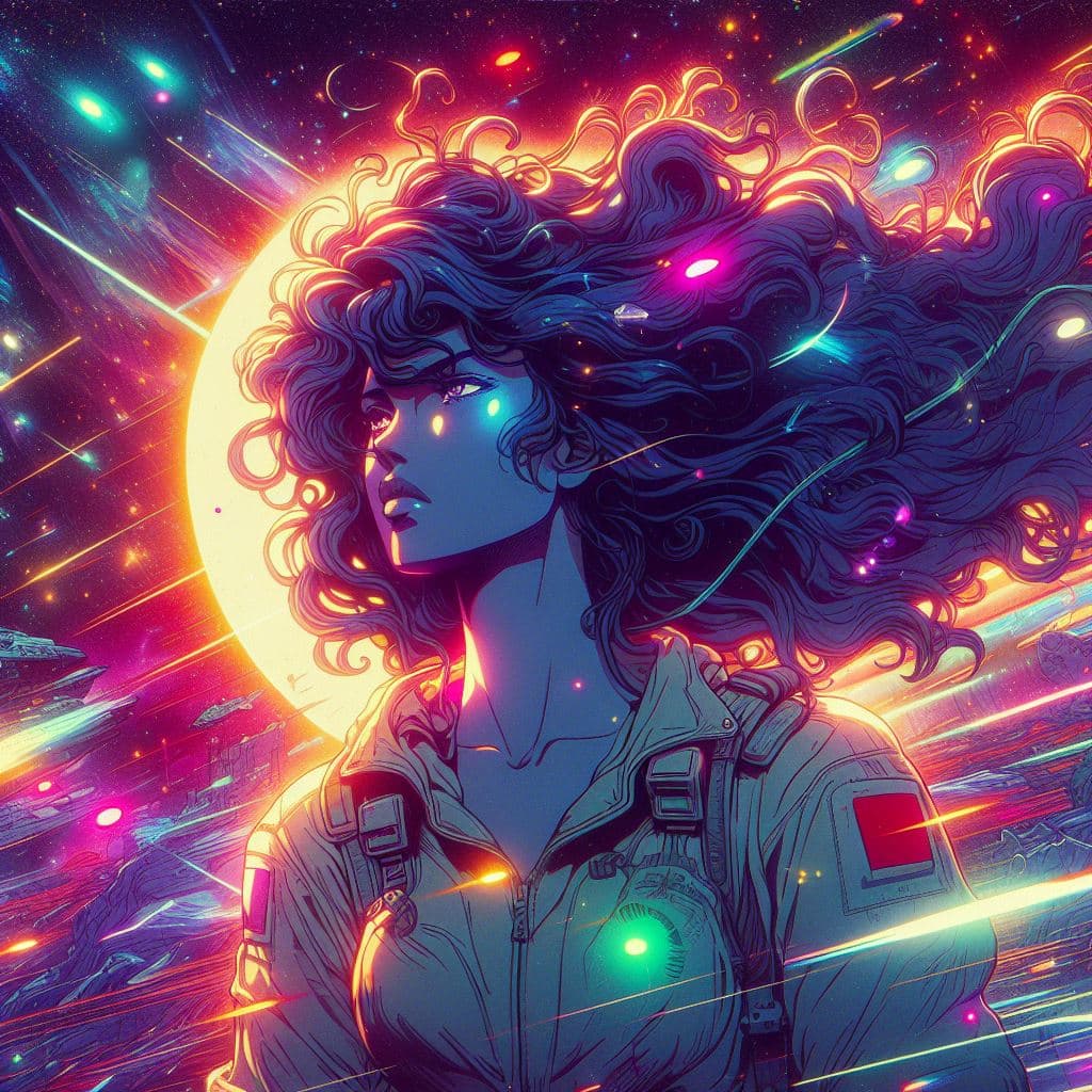 AI generated: 80's sci fi anime, Female warrior with curly long hair cruising the galaxy, away from camera. Very a...