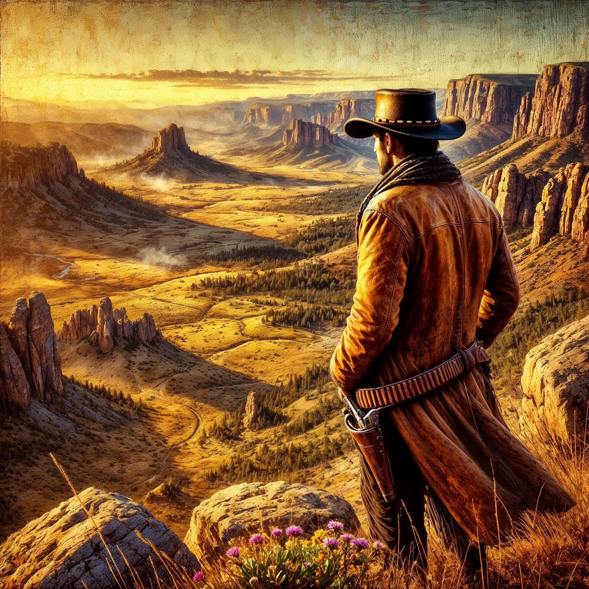 AI generated: An awe-inspiring Wild West portrait of a lone cowboy standing atop a rugged cliff, gazing over the v...