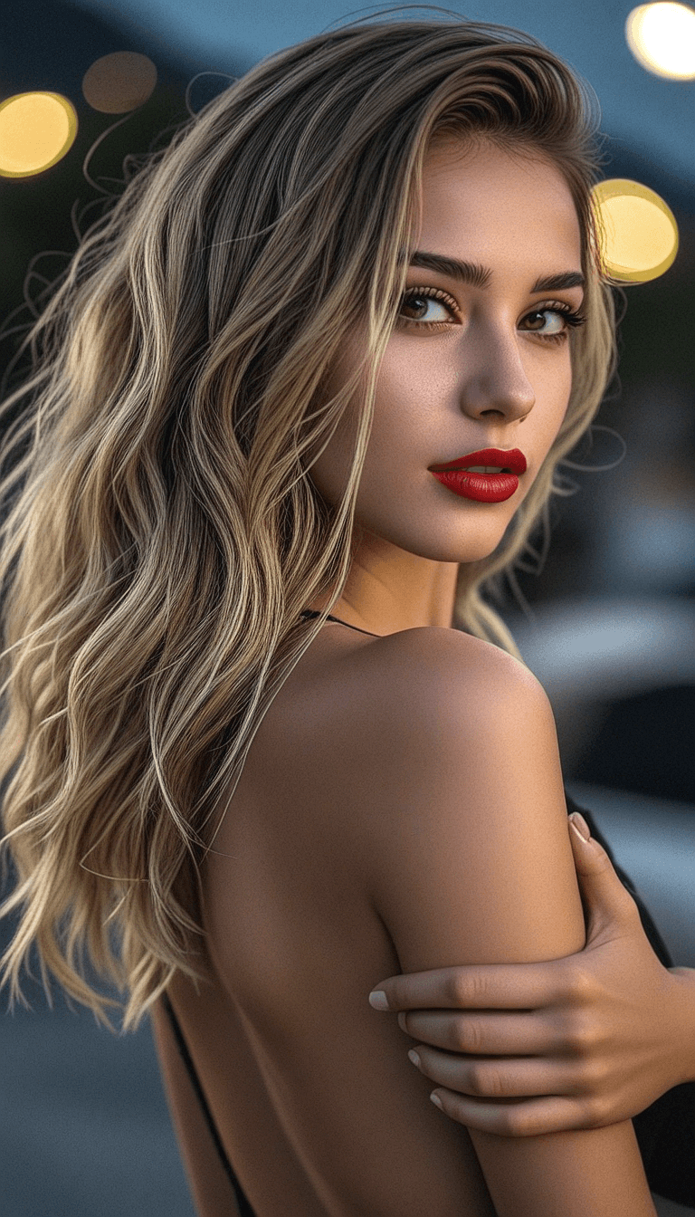 AI generated: A woman with fair skin, red lipstick, and long blonde hair in loose waves, posed with back facing th...