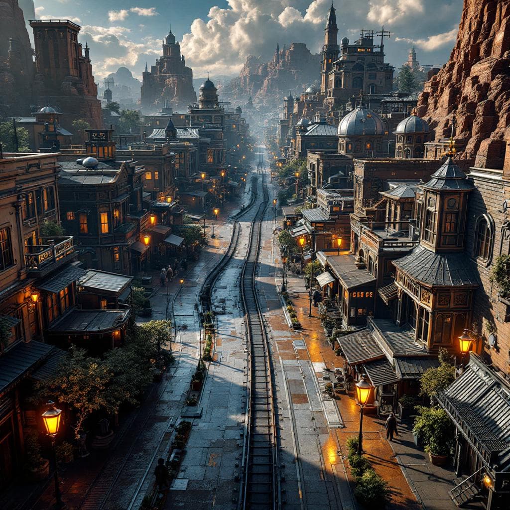 AI generated: Display an aerial view of a sleek, futuristic Old West City, a reminder of the rough terrain of the ...