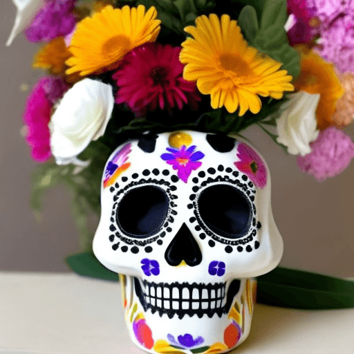 AI generated: white vase, colorful marigolds, black sugar skull, centerpiece 