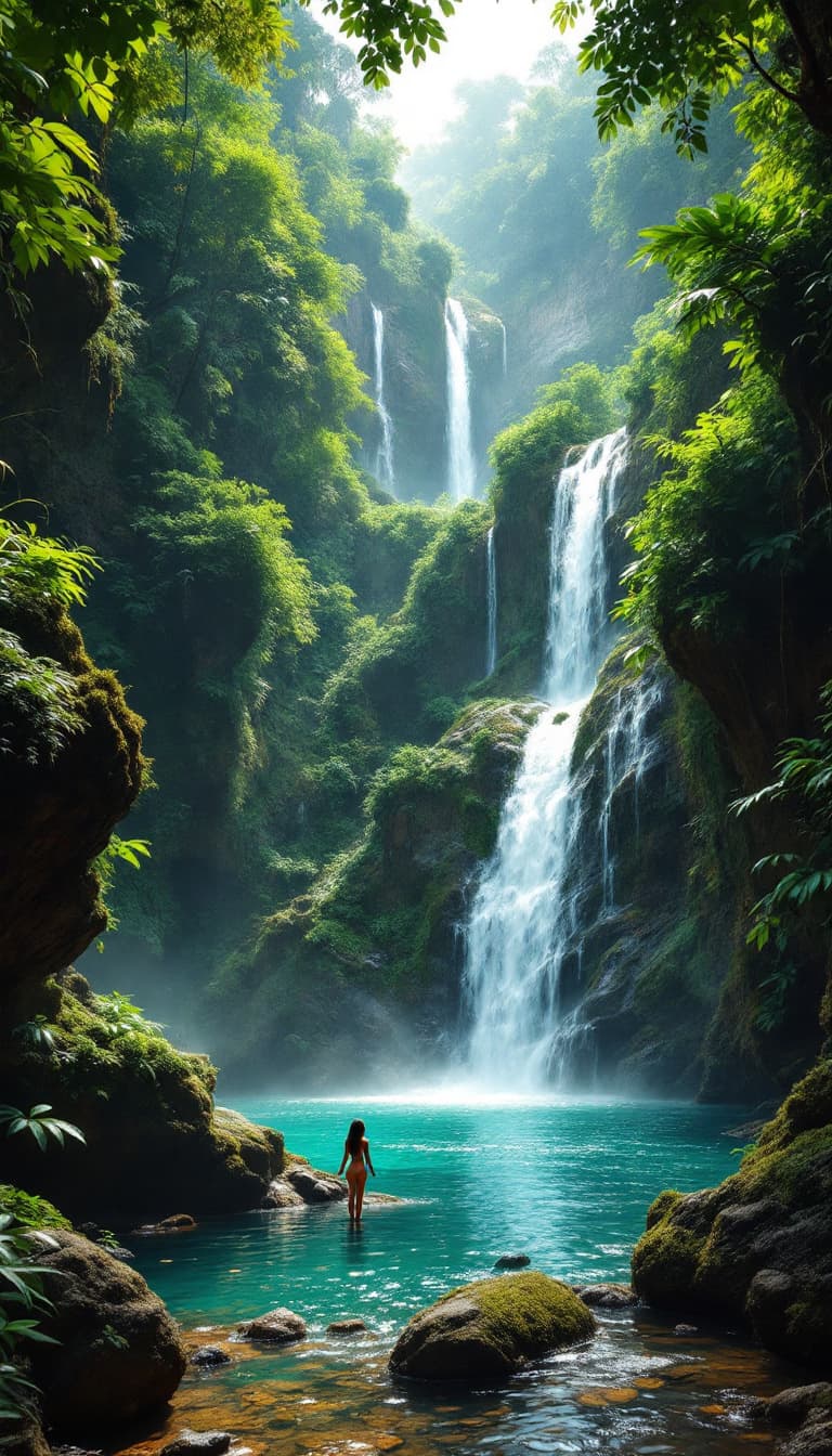 AI generated: Majestic tropical waterfall in deep jungle ravine, multiple cascading falls, emerald pool below, sun...