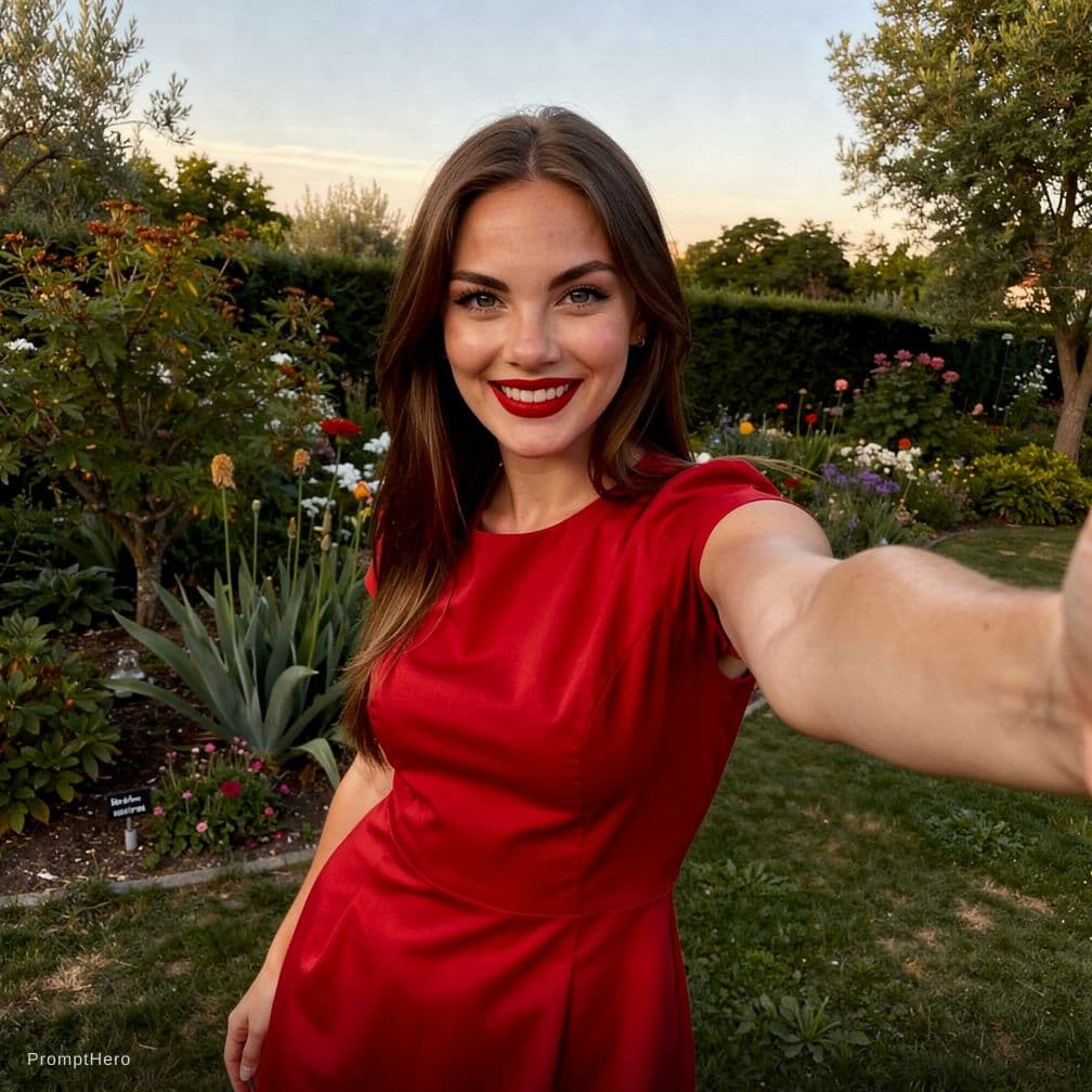 AI generated: A photo of Emma Watson wearing a low-cut red summer dress. Graden background around 5pm. Looking and...
