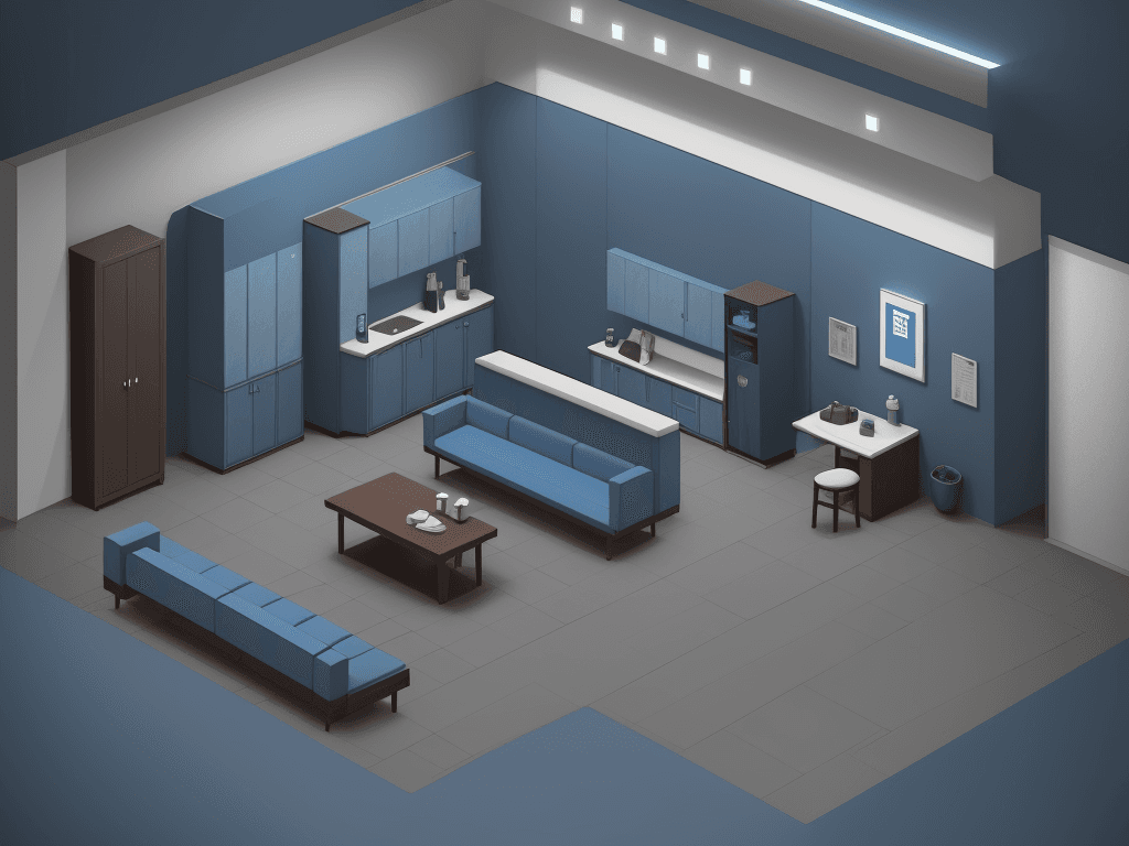 AI generated: medium rest room, in a blue tone, with sofa, bench with coffee, simple corporate environment, televi...