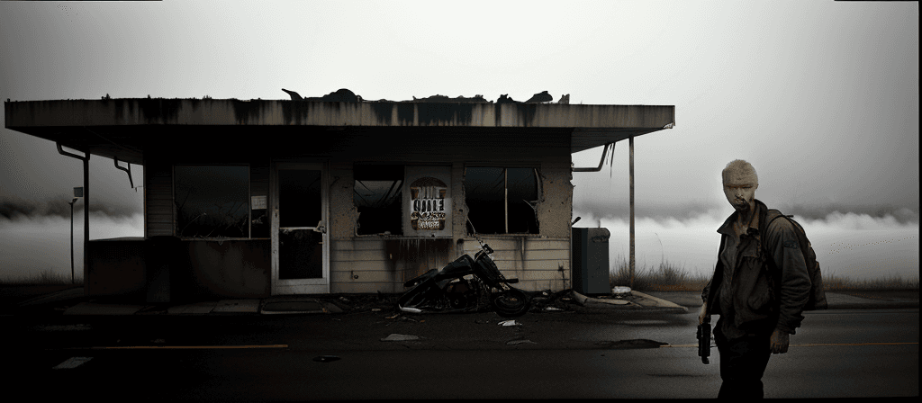 AI generated: david fincher style, man, veteran, 45 years old, outside of a decrepit rv, next to abandoned gas sta...