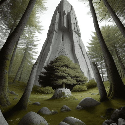 AI generated: Une clairière au cachée au fon d'une forêt avec des menhirs autour de cette clairière. Au centre de ...