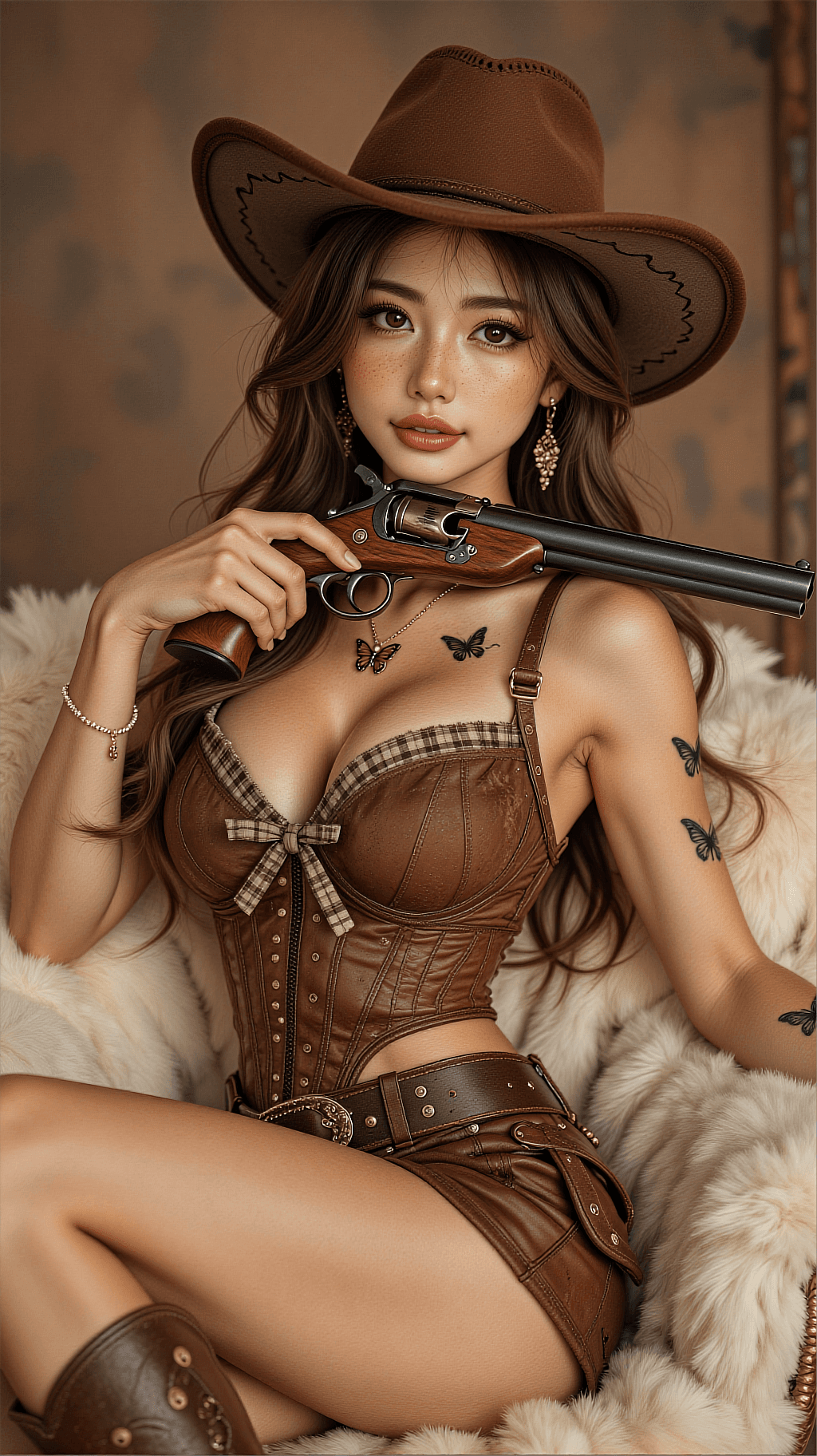 AI generated: A vertical ultra-realistic masterpiece photograph of a stunning East Asian woman in a vintage wester...