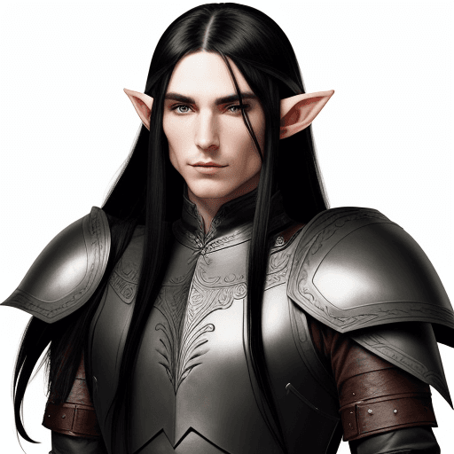 AI generated: Adult male elf with long black hair and stern facial features, wearing fantasy-style leather armor o...