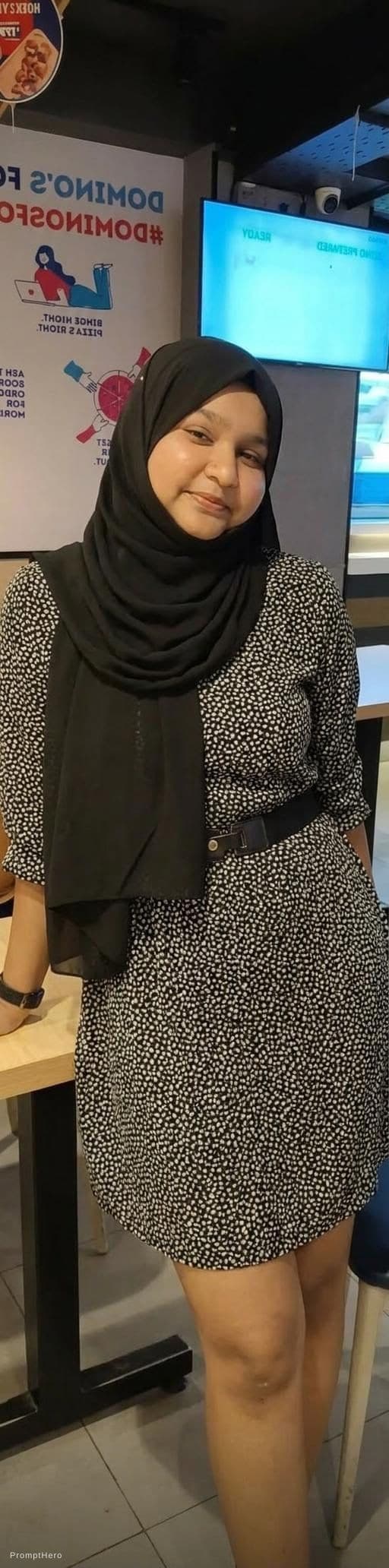 AI generated: Change my t Shirt to short dress. Don't change my face and hizab.