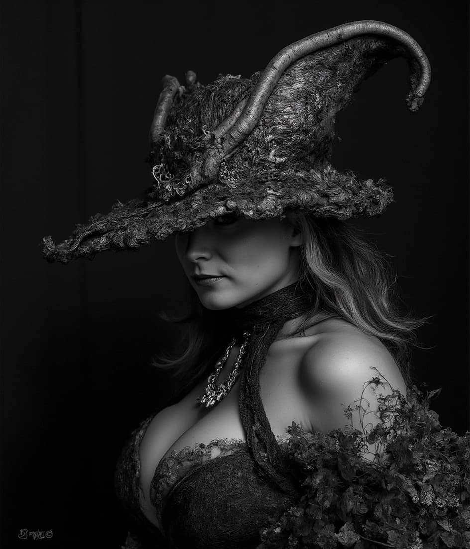 AI generated: Detailed dramatic black and white charcoal drawing of a mysterious person in an ornate, wide-brimmed...
