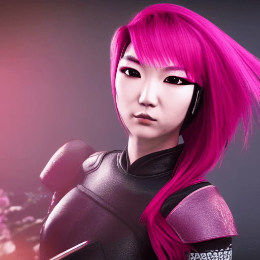 AI generated: Pretty Japanese ninja with magenta colored hair, mask, thick hide armor, hyperrealism, photorealisti...