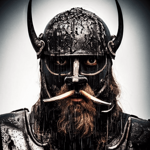 AI generated: Close-up of Viking King emerging from wet black mud :: Dark metal helmet with two large black horns ...