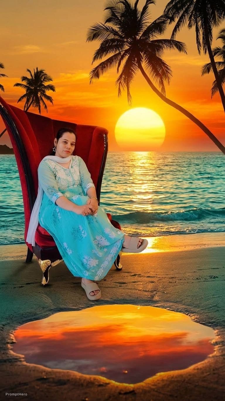 AI generated: A stunning tropical beach at sunset, with the sun seemingly large floating in the ocean, emitting a ...