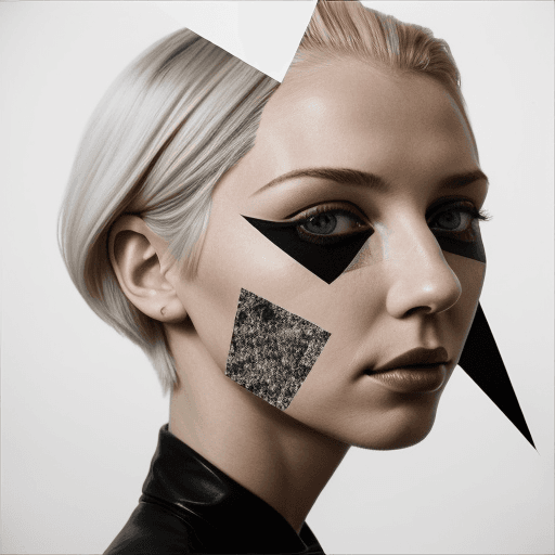 AI generated: magazine and newspaper collage of A close-up portrait of a woman with short platinum blonde hair, in...