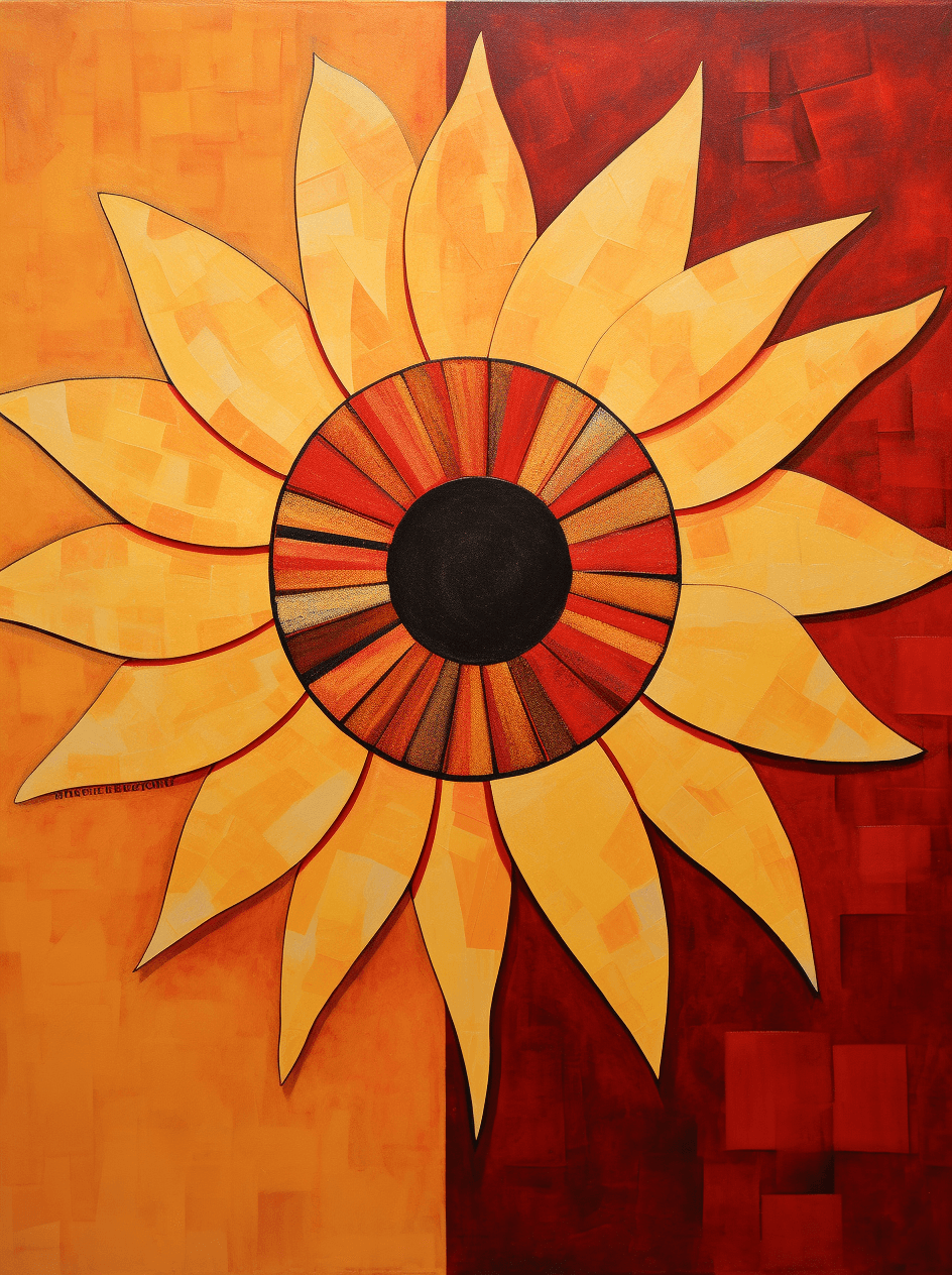 AI generated: A symmetrical composition of an orange sunflower, centered on the canvas with its petals radiating o...