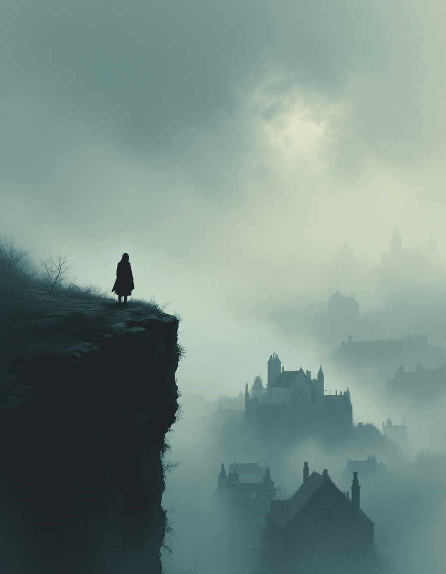 AI generated: A lone figure stands at the edge of a rugged cliff, cloaked in silence, gazing out across a dreamlik...