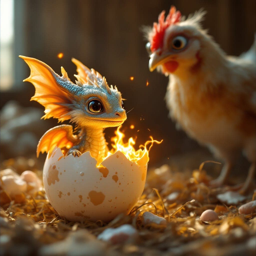 AI generated:  Photorealistic baby dragon with downy fluff and shiny iridescent scales hatching out of a cracked, ...