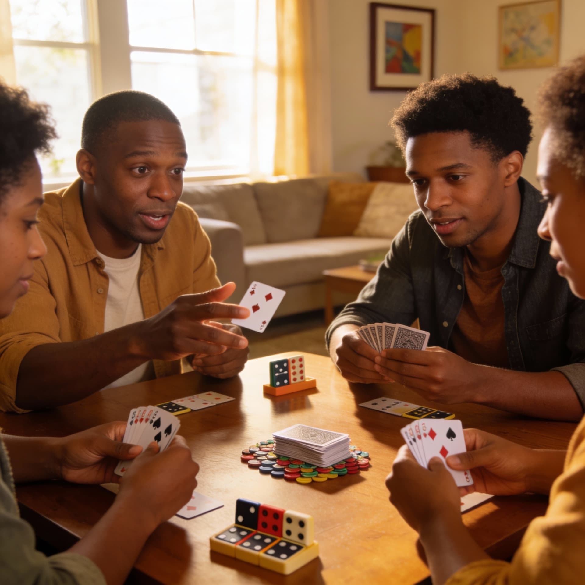 AI generated: 4 african american people sitting at a card table playing a card game called spades
