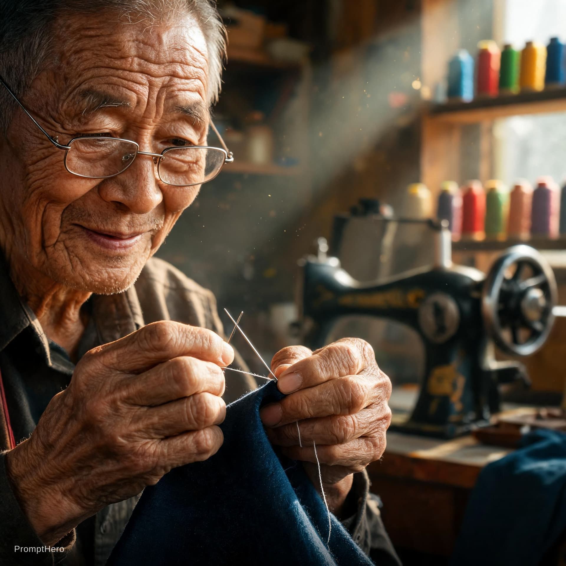 AI generated: A hyper-realistic close-up portrait of an elderly artisan tailor with deeply wrinkled skin and a kin...