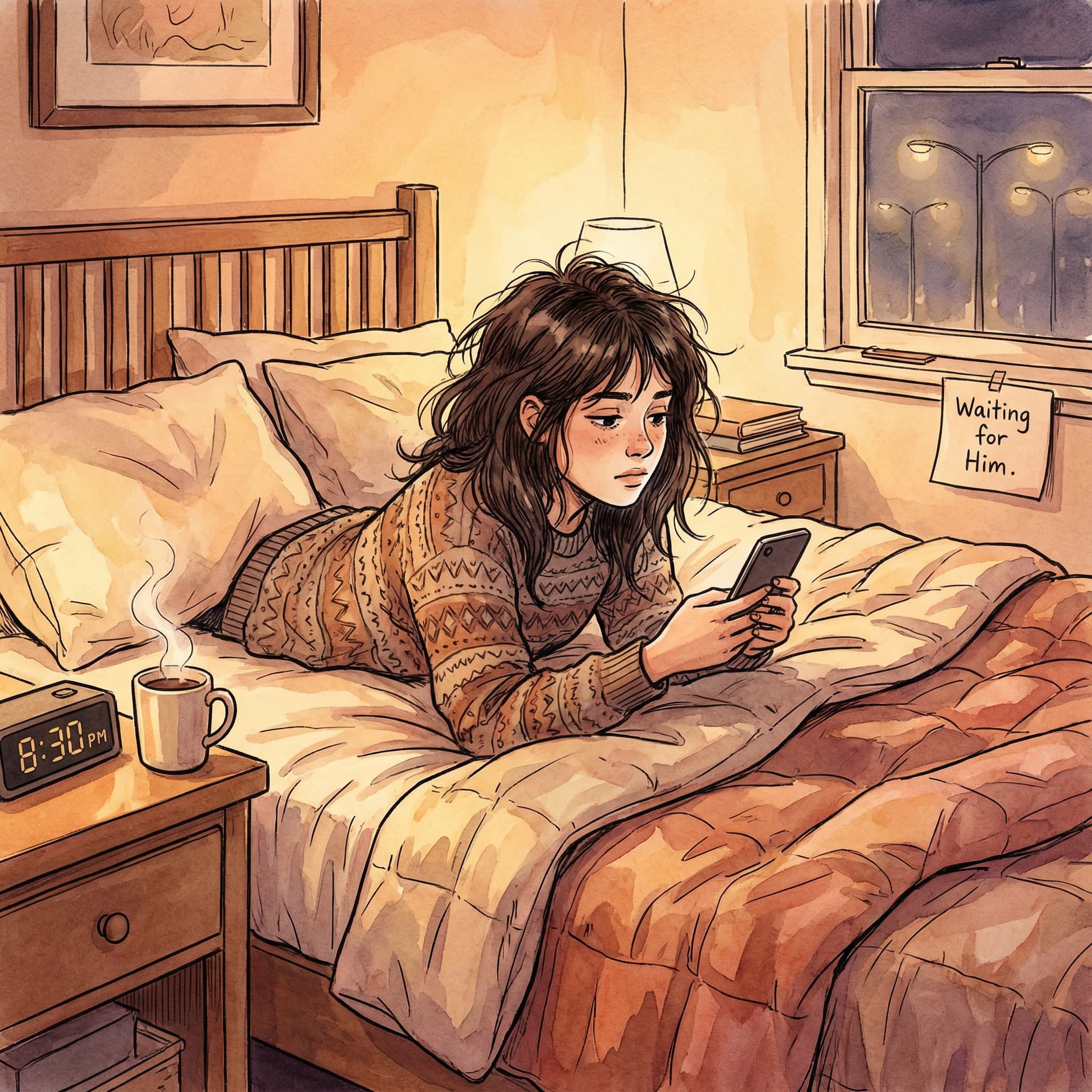 AI generated: sciamano240 style, chloe lying in bed, waiting for a guy to come over