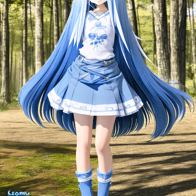 AI generated: anatomically correct, full body t-pose view of anime style wolf girl with Chambray blue and white ha...