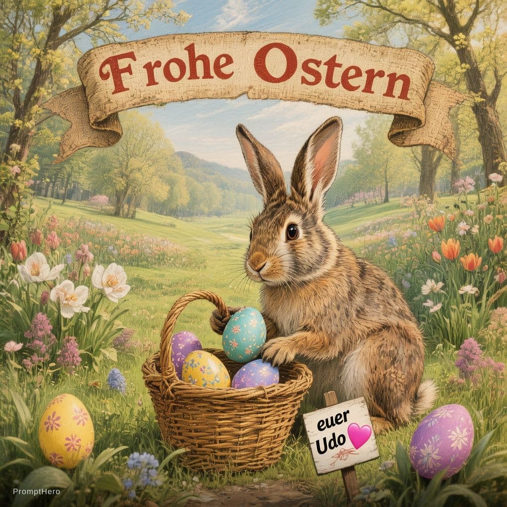 AI generated: Easter hare placing easter eggs in a springtime garden, biddy , below a banner with “Frohe Ostern”, ...