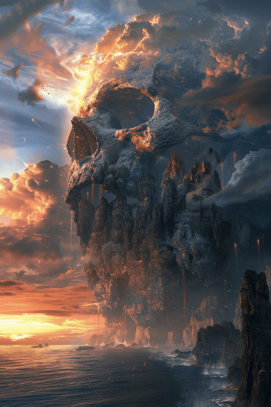 AI generated: the sky in the background, in the style of realism with fantasy elements, skull motifs, light-filled...