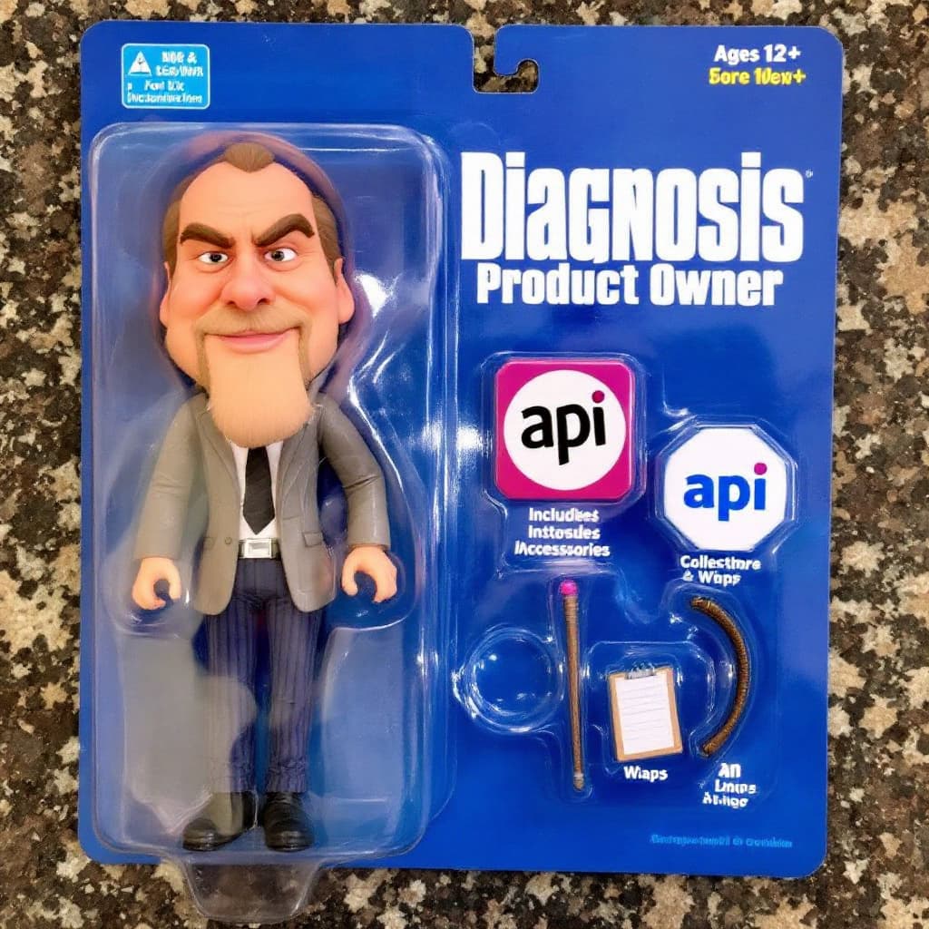 AI generated: A stylized collectible action figure in a toy package labeled "Diagnosis Product Owner" for ages 12+...