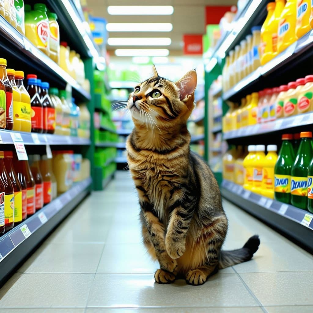 AI generated: a cat on two hind legs goes to the grocery store


