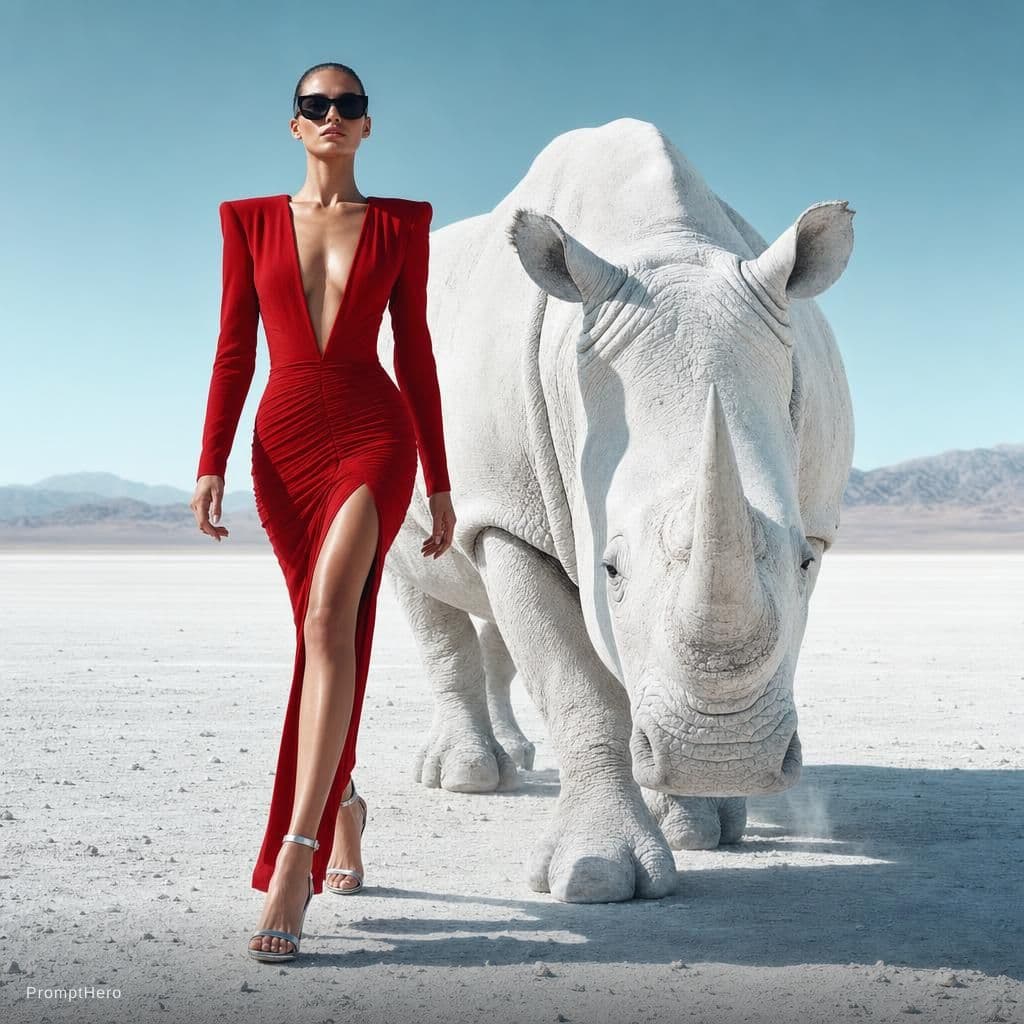 AI generated: {
  "scene": {
    "type": "editorial fashion surrealism",
    "location": "barren white desert w...